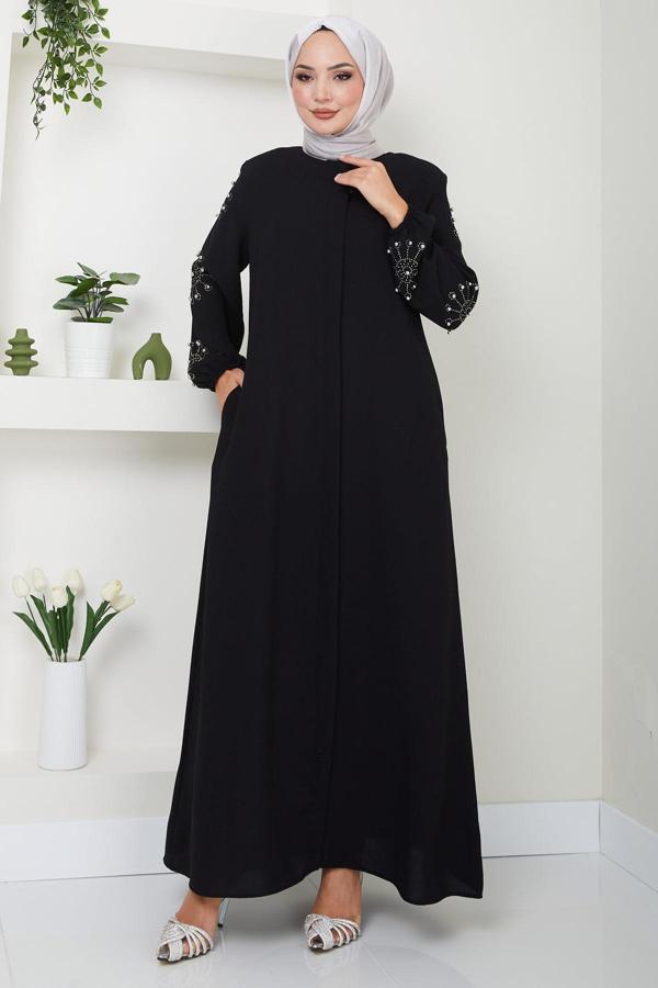 Kolu Taşlı ve İncili Ferace Siyah HM2494 - Image 1
