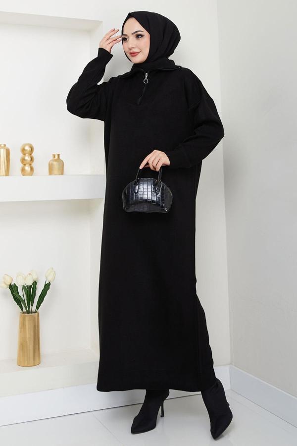 Fermuarlı Boğazlı Triko Elbise Siyah HM2531 - Image 1