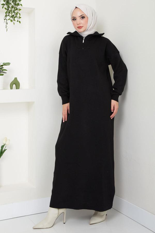 Yakası Fermuarlı Düz Triko Elbise Siyah HM2568 - Image 1