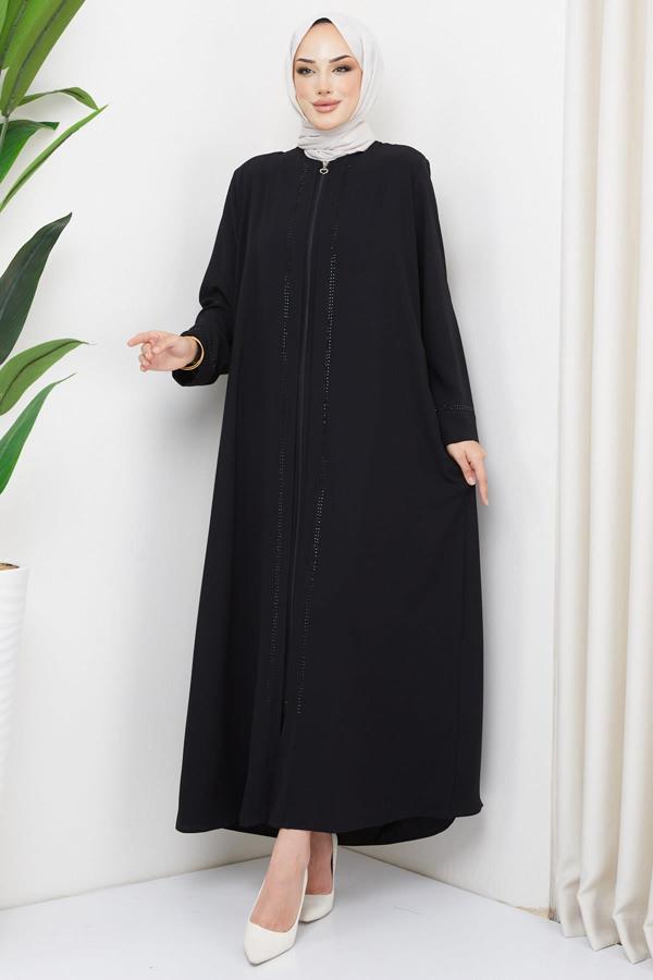 Mina Büyük Beden Taşlı Ferace Siyah HM2308 - Image 1