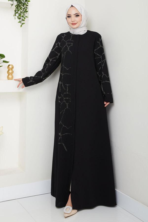 Sahra Taşlı Büyük Beden Ferace Siyah HM2712 - Image 1