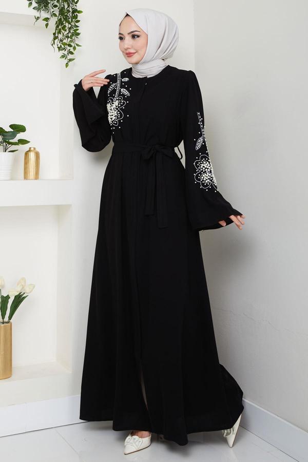 İncili Çiçek Motifli Kuşaklı Ferace Siyah HM2720 - Image 1