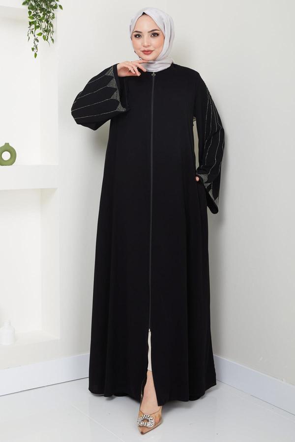 Kolu Taş Detaylı Ferace Siyah HM2413 - Image 1