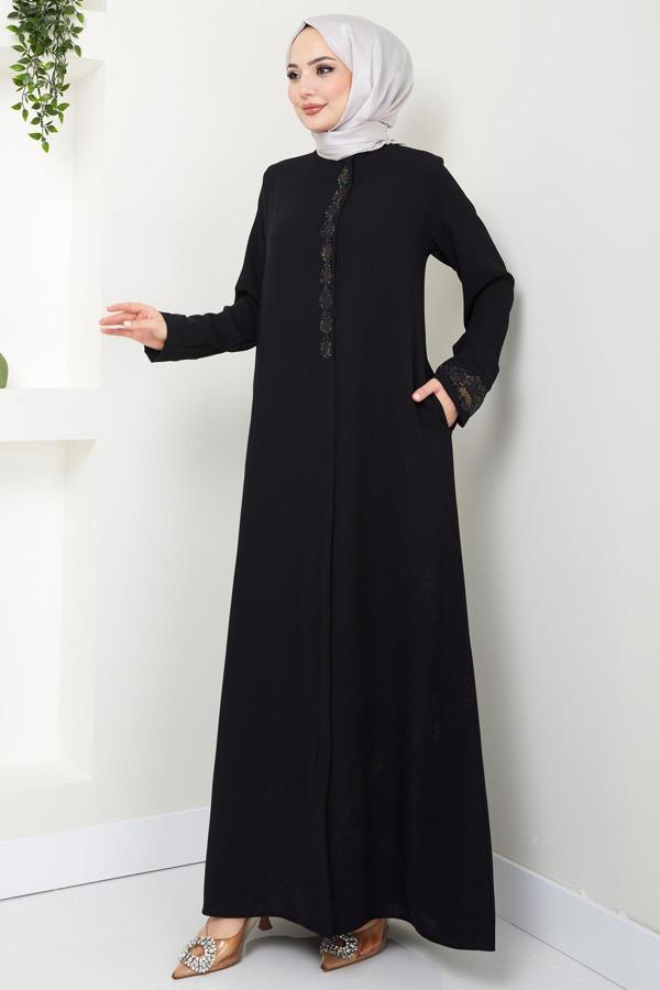 Damla Taş Detaylı Ferace Siyah HM2435 - Image 1