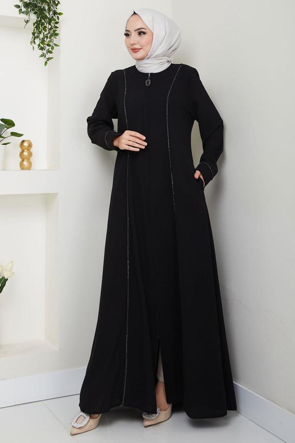 Boydan Şerit Taşlı Ferace Siyah HM2709 - Image 1