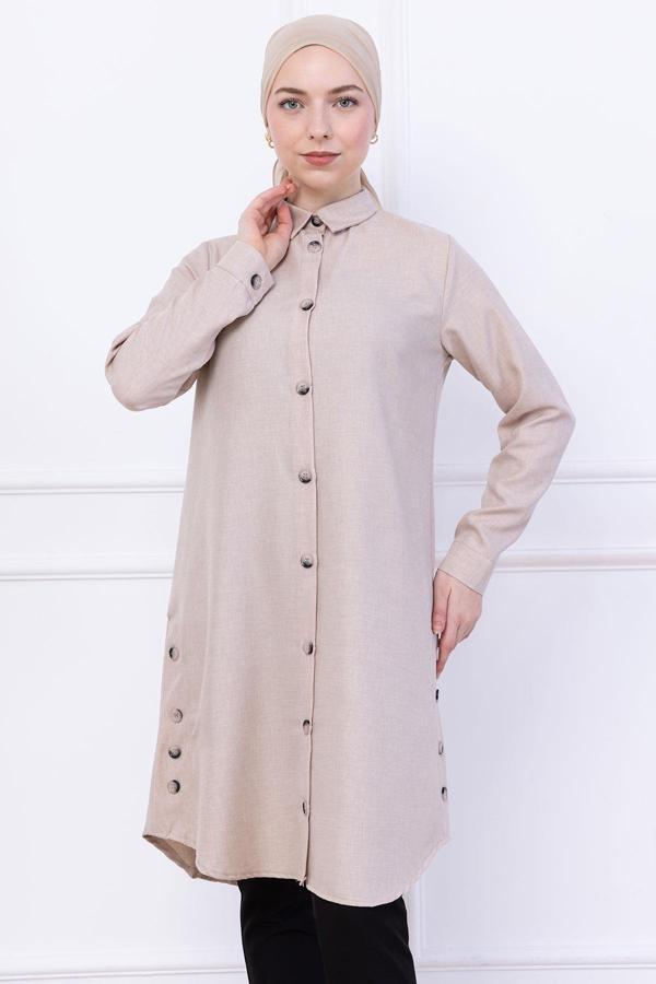Düğme Detaylı Tunik Bej HM2737 - Image 1