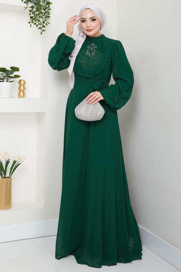 Boncuklu Şifon Abiye Elbise Zümrüt HM2667 - Image 1