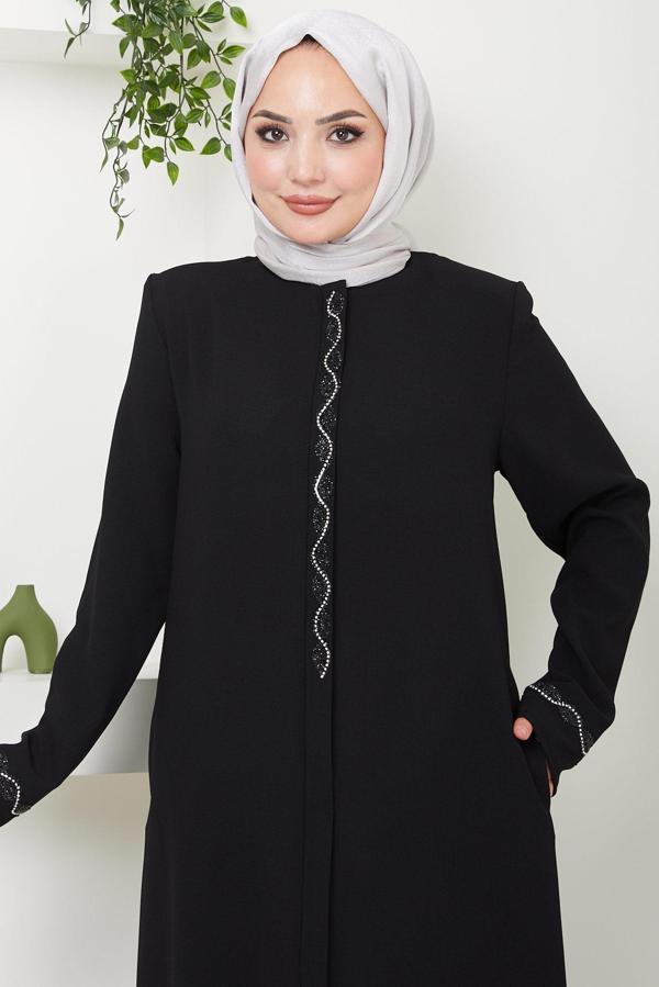 Desita Taş Detaylı Ferace Siyah HM2469 - Image 1