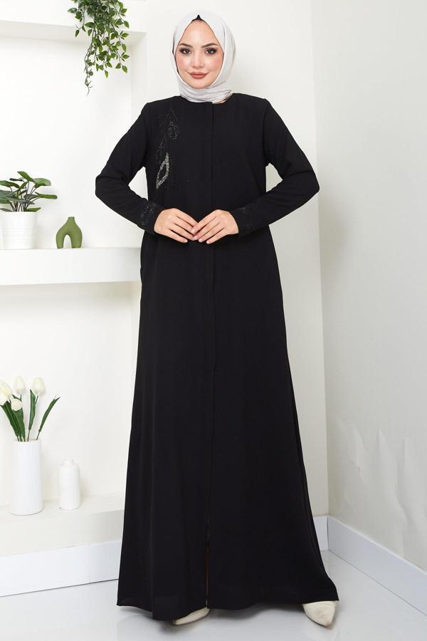 Hüma Taş Detaylı Ferace Siyah HM2479 - Image 1