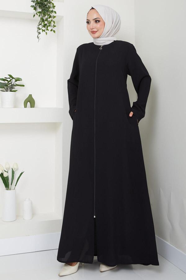 Fermuarlı Büyük Beden Ferace Siyah HM2488 - Image 1