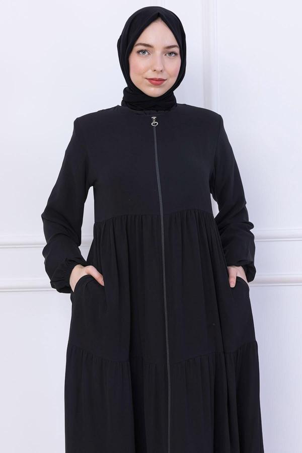 Kat Kat Büzgülü Ferace Siyah HM2735 - Image 1