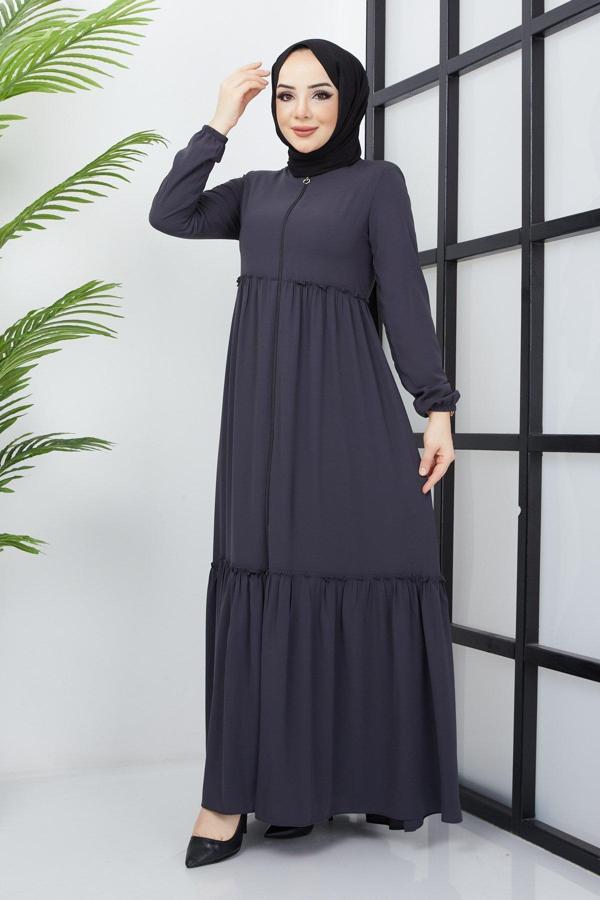 Hafsa Mina Büzgü Detaylı Antrasit Ferace  - Image 1