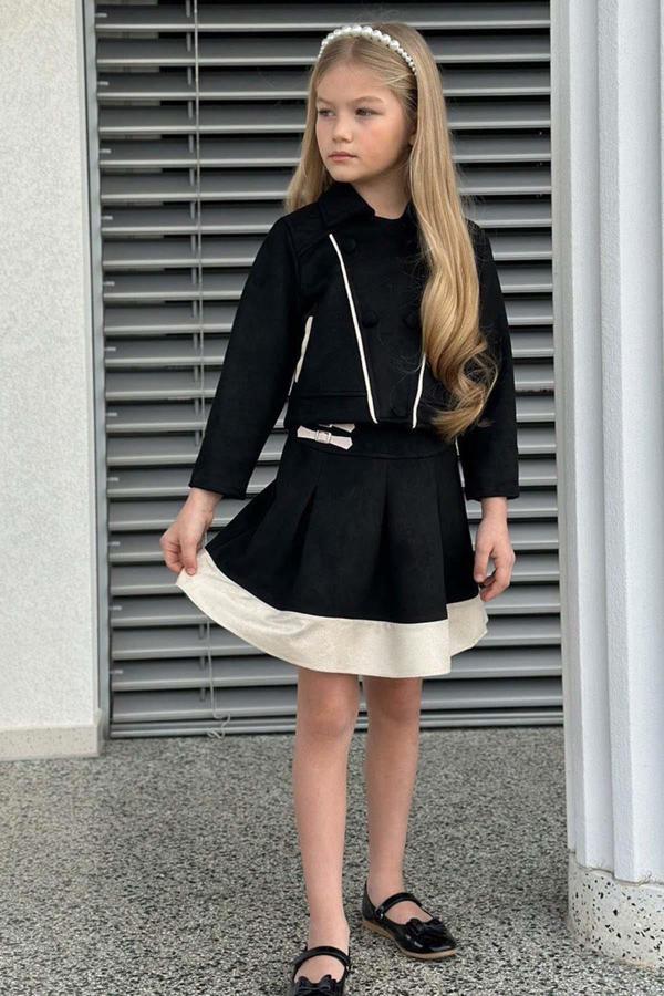 Kız Çocuk Asimetrik Kesim Gömlek Yaka Ceket Eteği Şerit Detaylı Pliseli Süet Siyah Etekli Takım - Image 1