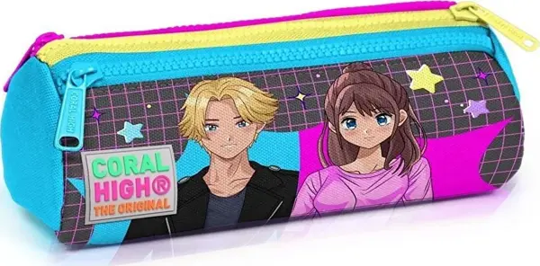 Coral High Kids Gri Mavi Pembe Anime Desenli Üç Bölmeli Kalem Çantası 22037 - Image 1