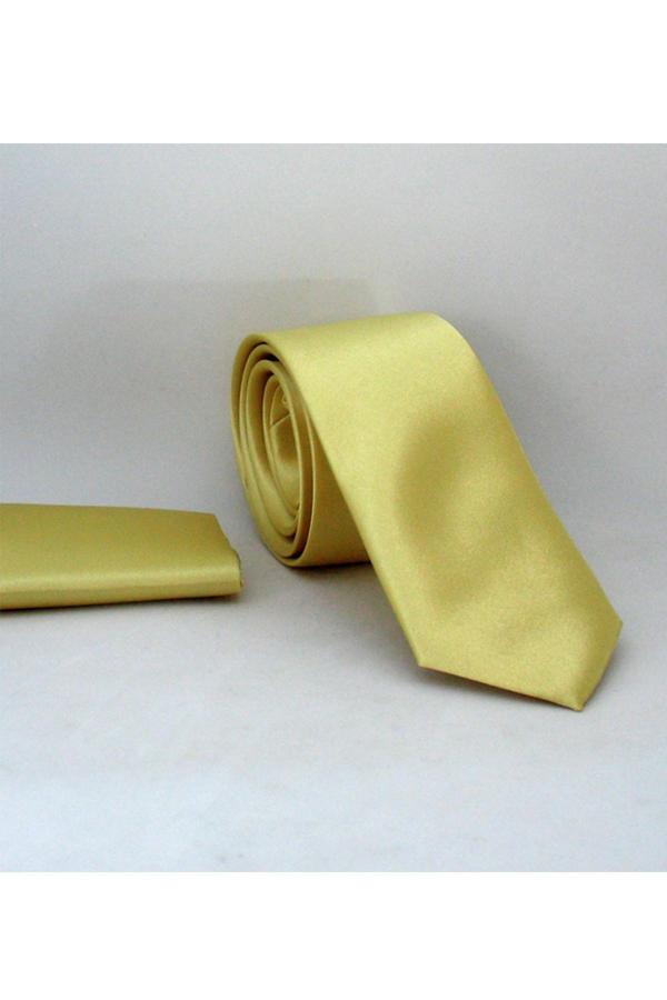 Açık Gold Slim Fit (ince) Düz Renk Mendilli Saten Kravat - SS-36 - Image 1