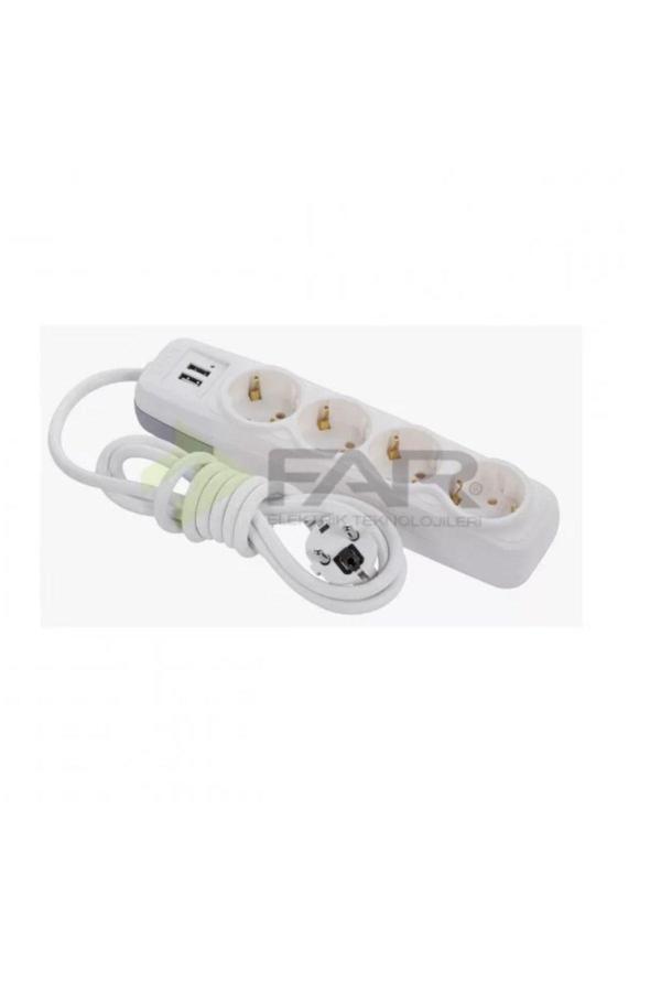 F512C 4'lü 2 USB'li Grup Priz 5 Metre Uzun Kablolu USB Destekli Priz - Image 1