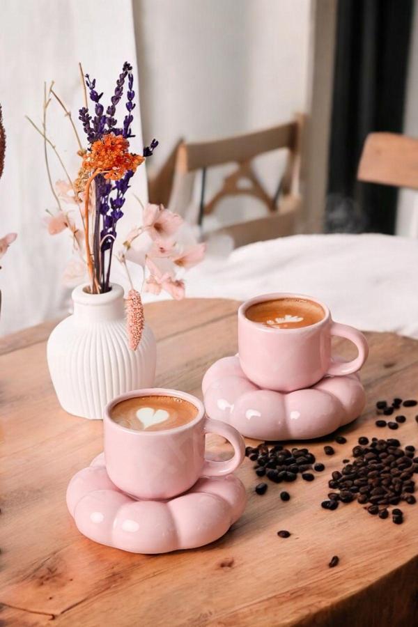 Mithra Life 2 Adet 95 ML Papatya Şekilli Seramik Pembe Türk Kahvesi Fincan Takımı MIT1159 - Image 1