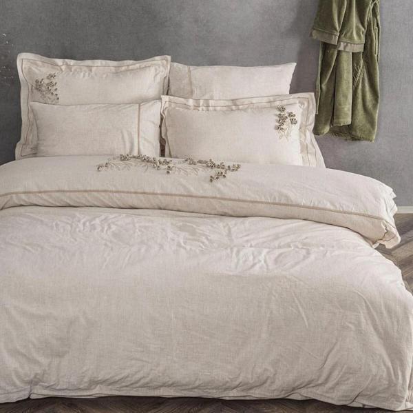 Ecocotton Masal Battal Boy Nevresim Takımı %100 Organik Pamuk Keten El Nakışlı Bej CK - Image 1