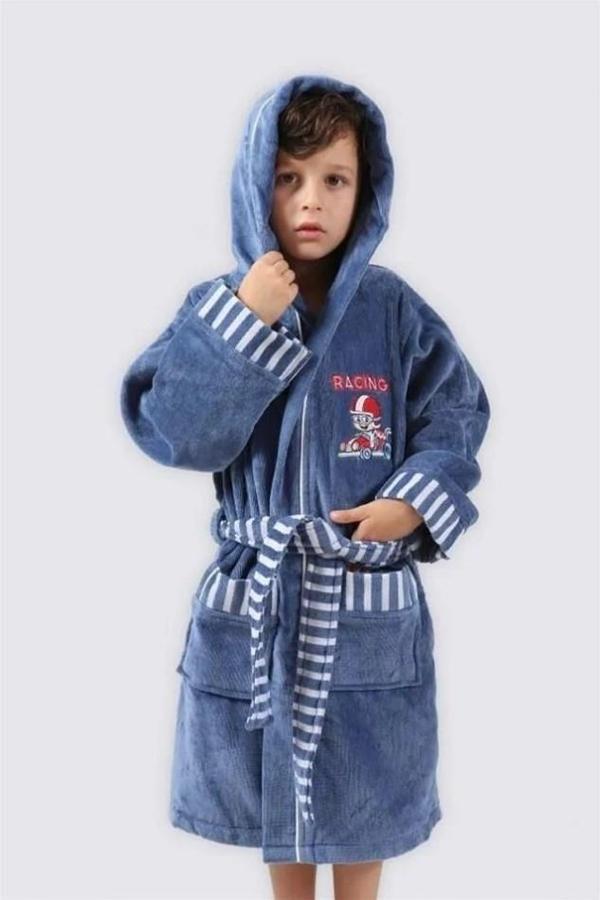 Ecocotton Racer Erkek Çocuk Bornoz %100 Organik Pamuk Nakışlı Mavi 5-6 Yaş - Image 1