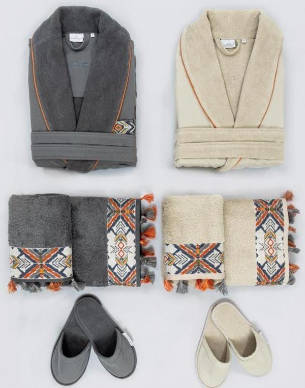Ecocotton Organik Pamuk Aile Bornoz Seti - Pamira Bej / Antrasit M / L - Image 1