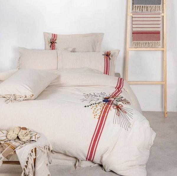 Ecocotton Charla Çift Kişilik Nevresim Takımı %100 Organik Pamuk Kenevir Karışımlı Ekru / Kırmızı CK - Image 1