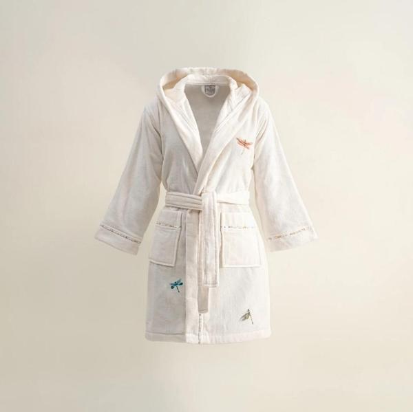 Ecocotton Nina Kız Çocuk Bornoz %100 Organik Pamuk Nakışlı Krem / Sarı 5-6 Yaş - Image 1