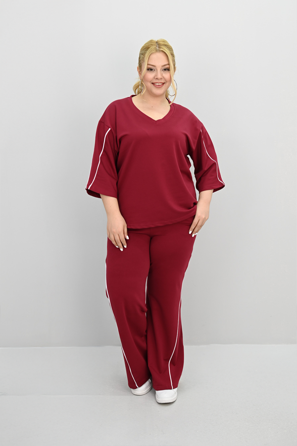Kadın Büyük Beden Kısa Kollu V Yaka Ara Biye Detaylı Eşofman Takımı 8181-25 - Image 1