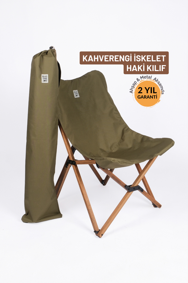 Bag The Joy Ahşap Katlanır Kamp & Bahçe Sandalyesi – Kahverengi Iskelet - Haki Kılıf - Image 1