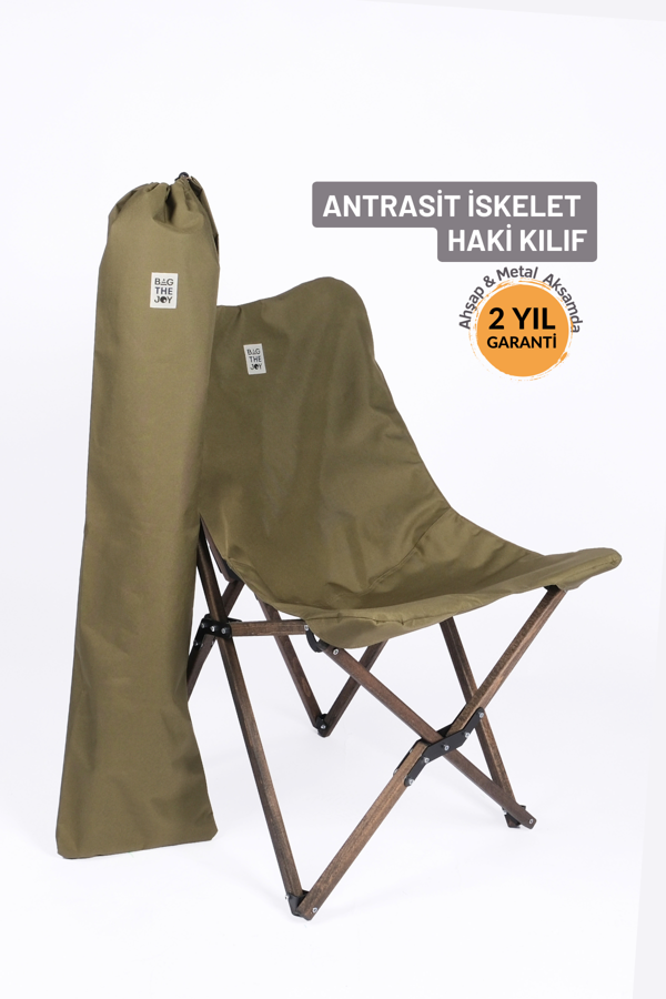 Bag The Joy Ahşap Katlanır Kamp & Bahçe Sandalyesi – Antrasit Iskelet - Haki Kılıf - Image 1