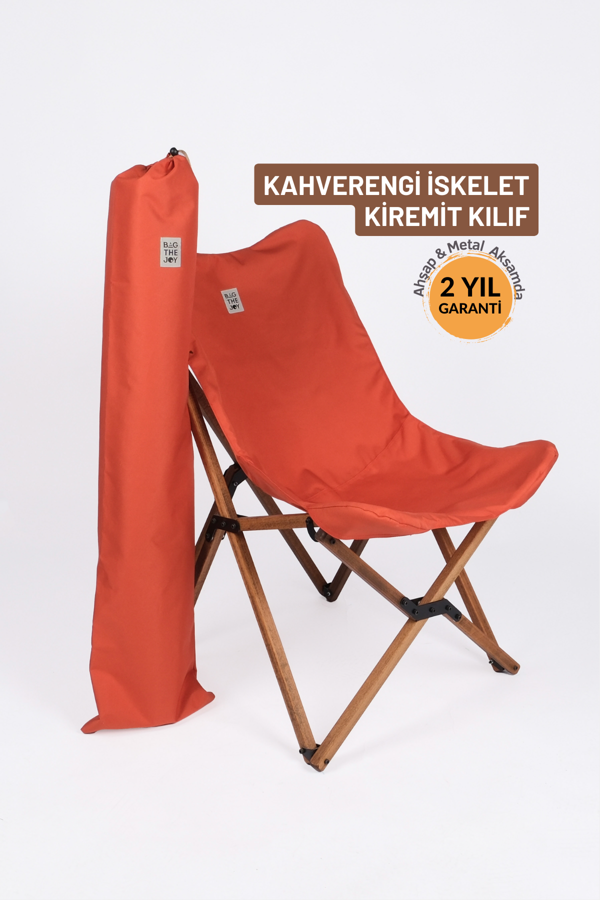 Bag The Joy Ahşap Katlanır Kamp & Bahçe Sandalyesi – Kahverengi Iskelet - Kiremit Kılıf - Image 1