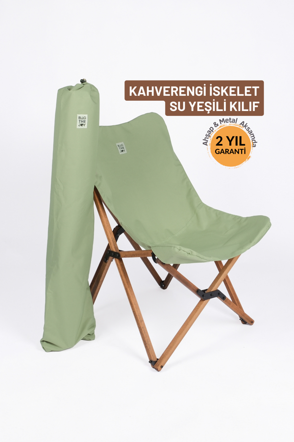 Bag The Joy Ahşap Katlanır Kamp & Bahçe Sandalyesi – Kahverengi Iskelet - Su Yeşili Kılıf - Image 1