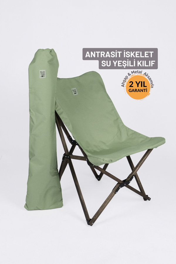 Bag The Joy Ahşap Katlanır Kamp & Bahçe Sandalyesi – Antrasiti Iskelet -Su Yeşili Kılıf - Image 1