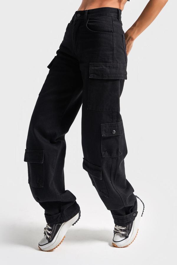 Kadın Siyah Renk 1s5-1 Jogger Fit Kargo Cep Paçası Çıtçıtlı %100 Koton Denim Jean - Image 1