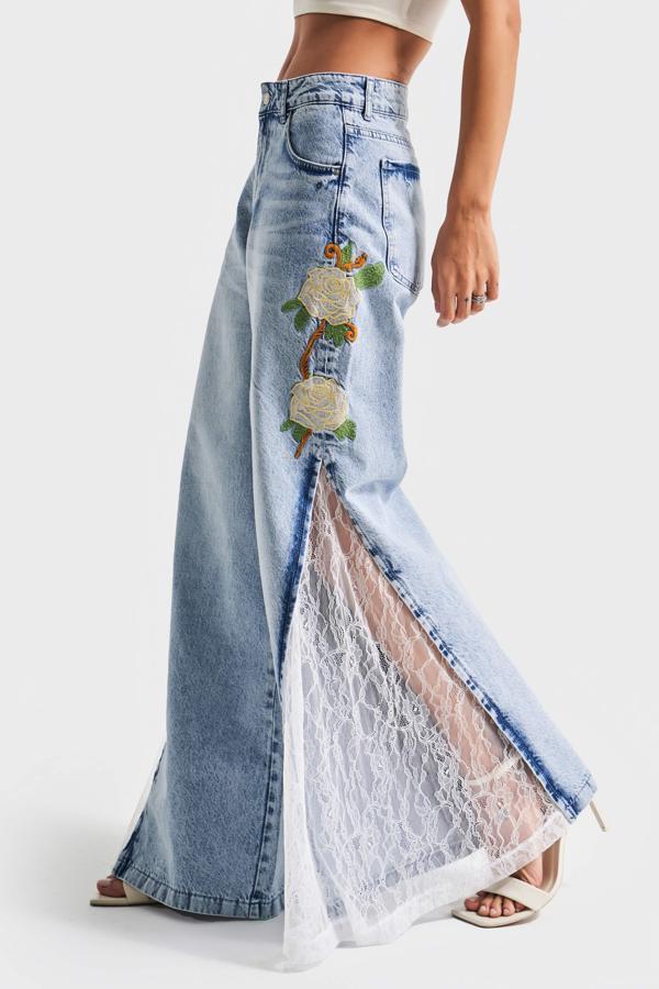 Kadın Kot Rengi 4s5-27 Palazzo Fit Çiçek Nakışlı Dantel Detaylı Tasarım %100 Koton Denim Jean - Image 1