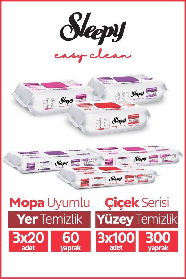 Sleepy Easy Clean Çiçek Serisi 3x100 Yüzey & 3x20 Yer Temizlik Havlusu&Mendili Karma Paket - Image 1
