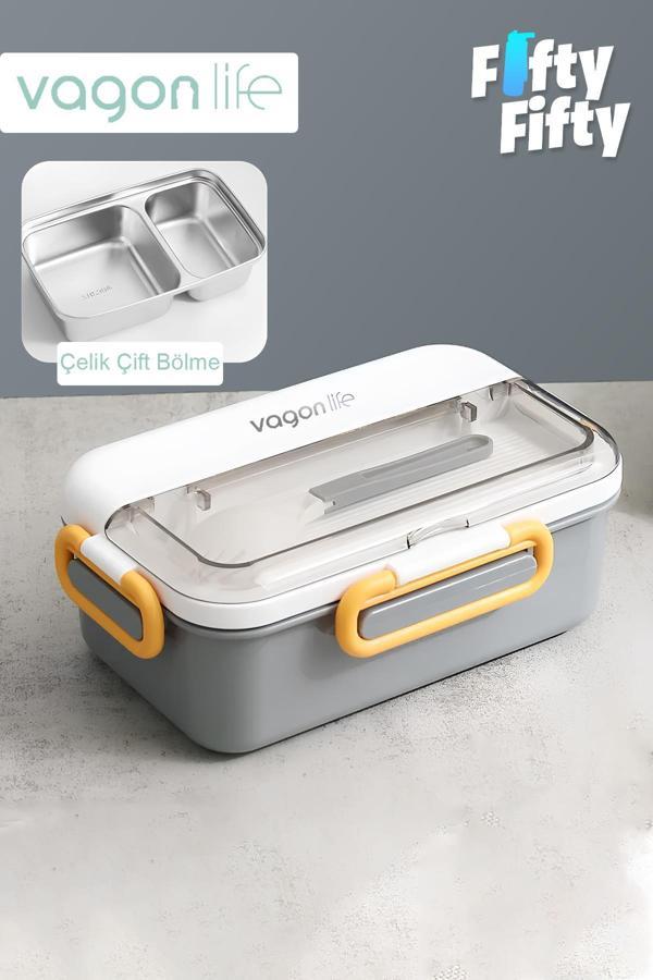 Vagonlife Tek Kat Çift Bölme Bento Lunch Box Ofis-Okul İçin Yeni Nesil Sefer Tası Paslanmaz Çelik 588 - Image 1