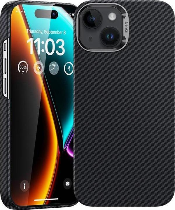Benks iPhone 15 Uyumlu Kılıf Magsafe Özellikli Karbon Fiber Essential ArmorAir 600D Kevlar Kapak - Image 1
