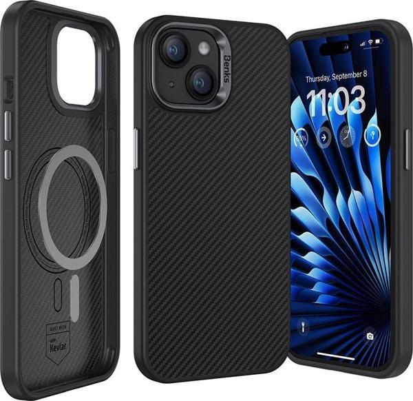 Benks iPhone 15 Plus Uyumlu Kılıf Karbon Fiber Magsafe Şarj Özellikli Hybrid ArmorPro 600D Kevlar - Image 1