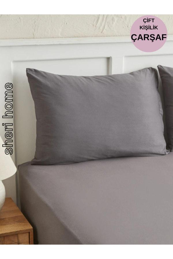 Sheri Home Tekstil Çift Kişilik Lastiksiz Çarşaf Ve 2 Adet Yastık Kılıfı Griiçarsafseti - Image 1