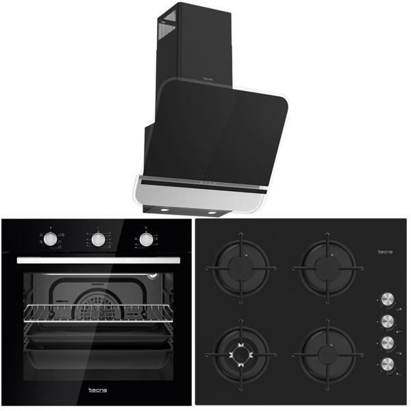 Tecna Siyah Ankastre Set (8402 60 Cm Wok Gözlü Cam Ocak-8126 6 Fonksiyon Fırın-Tecna 8871 60 Cm Duvar Tipi Davlumbaz) - Image 1