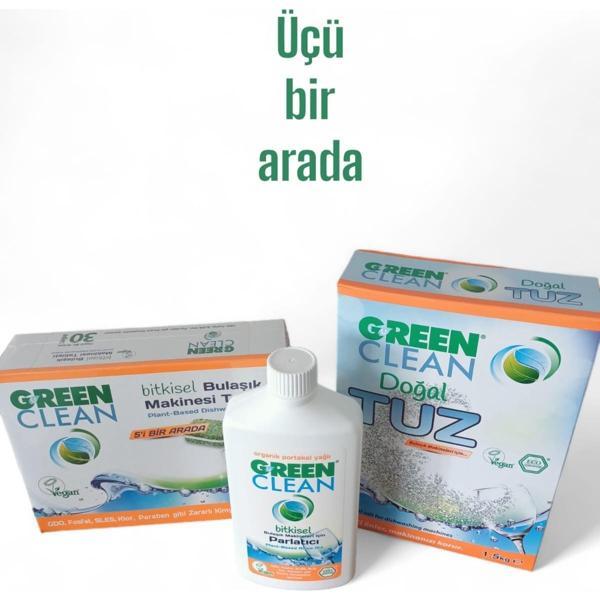 Green Clean Bulaşık Mak. Tableti 30 Adet + Doğal Tuz 1,5 kg + Parlatıcı 500 ml - Image 1