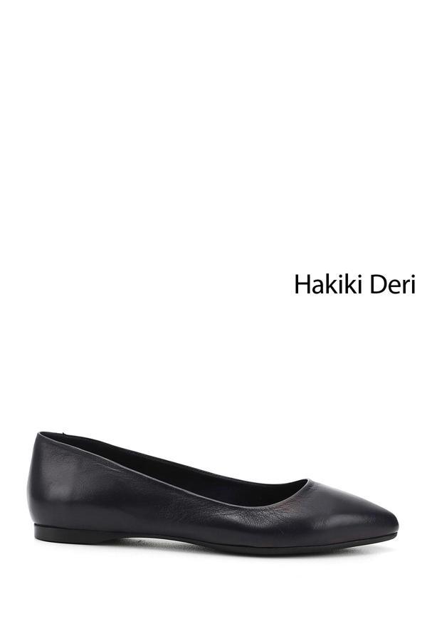 Kadın Lacivert Antik Sivri Burun Düz Taban Hakiki Deri Babet - Image 1