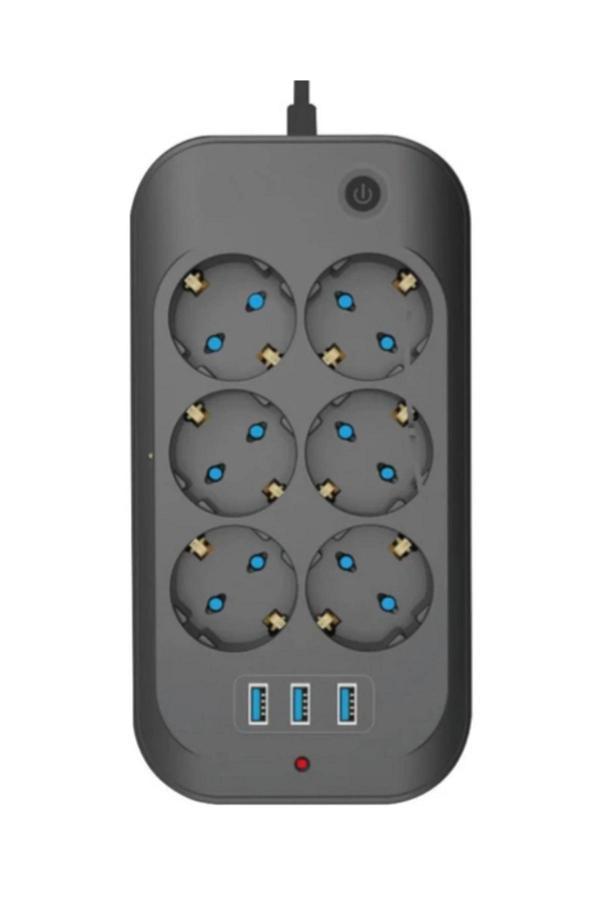 Termal Akım Korumalı, Çocuk Korumalı, 6’lı 2 Mt Uzatma Kablosu 6 X Priz, 3 X Usb - Image 1