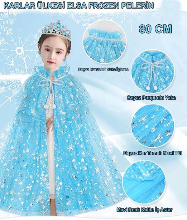Karlar Ülkesi Elsa Frozen Mavi Pelerin – 80 Cm Kar Desenli Çocuk Pelerini ( Taç Hariç ) - Image 1