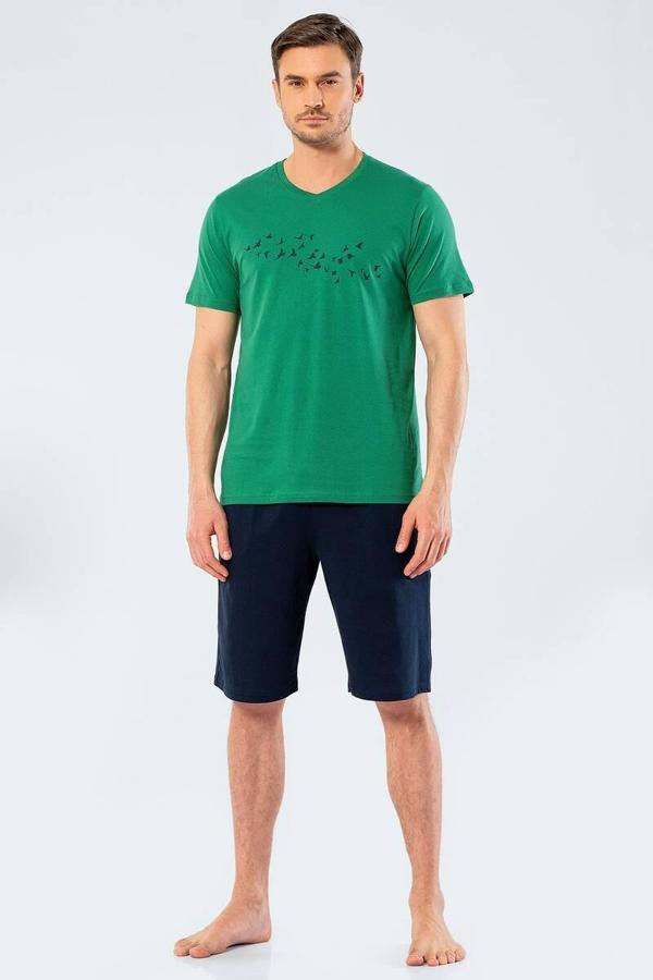 Türen Erkek Baskılı V Yaka Bermuda Şort Pijama Takım - Image 1