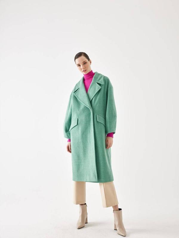 Kol Detaylı Yeşil Çizgili Oversize Kaşe Kaban - Image 1