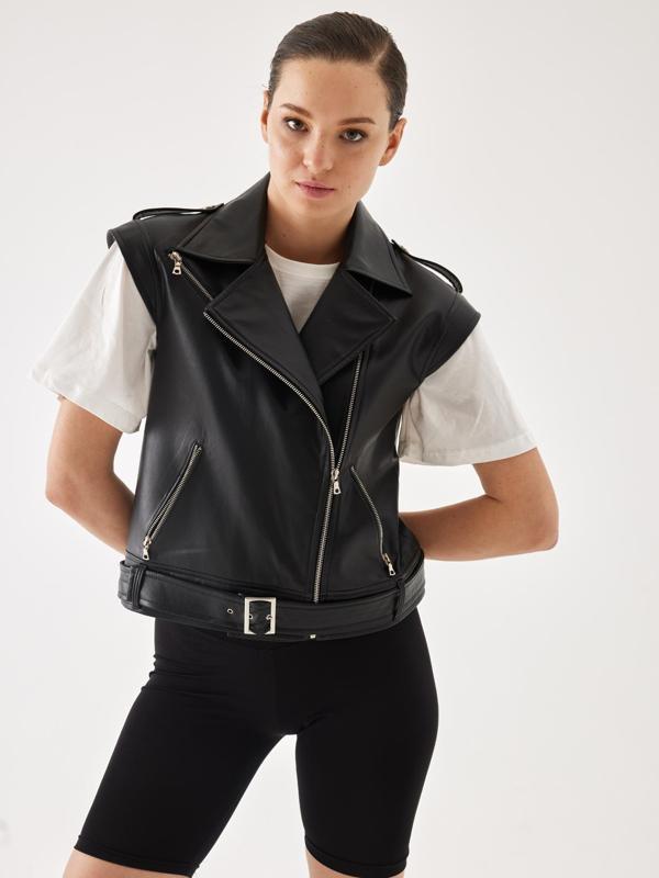 Kruvaze Apolet Detay Siyah Deri Yelek - Image 1