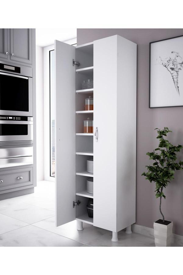 Alesta Life 2 Kapaklı 8 Raflı Mutfak Dolabı Banyo Dolabı Çok Amaçlı Dolap Beyaz 50x32x172 cm - Image 1