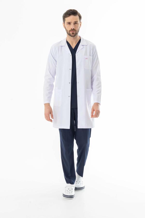 Spor Yaka Uzun Boy Erkek Doktor Önlüğü Alpaka Kumaş Beyaz (BEO102) - Image 1