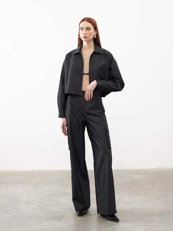 Tafta Bol Paça Kargo Pantolon Siyah - Image 1